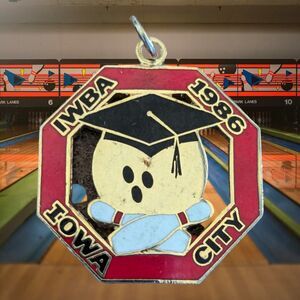 Vintage Gold Toned Iowa City IWBA 1986 Charm Pendant Bowling Ball Pins Scholar